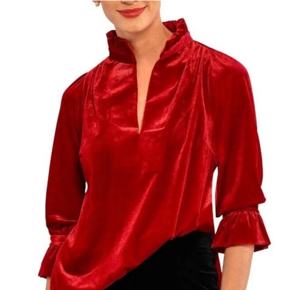Gretchen Scott Designs Velvet Red Ruffled Blouse Size Small - Picture 7 of 7